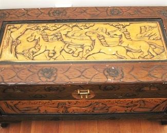 135 - Wood Blanket Chest with Contents 35" x 16" x 19"

