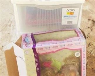 174 - Lot of Dolls and Storage Bins 13" x 16" x 25"
