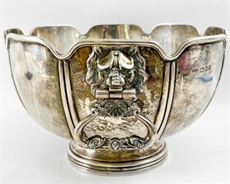 Antique Large Sterling Silver Bowl w/ Figural Lion Head Handles 810 Grams
