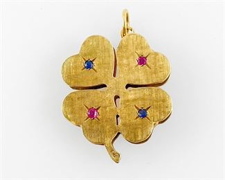 Fine 14K Yellow Gold Gemstone Figural Four Leaf Clover Pendant
