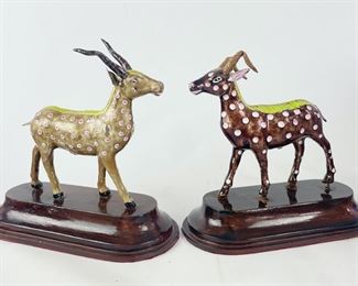 Pair Of Vintage Enamel Gazelle On Wooden Base Decorative Figurines
