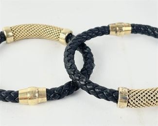 2 Vintage Sterling Silver & Braided Leather Bangle Bracelets W/ Magnetic Clasps
