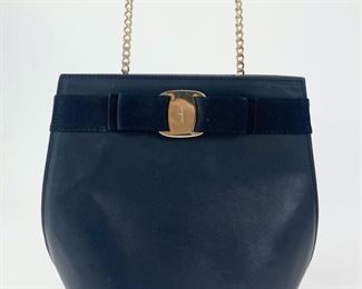 Vintage Salvatore Ferragamo Vara Bow Blue Leather Handbag
