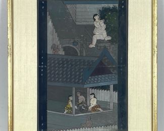 Vintage South East Asian Hand Embellished on Paper Framed
