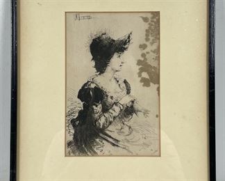 After Rembrandt Van Rijn Etching Mother seated at table on Paper Framed
