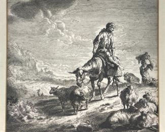 Vintage Nicolaes Pietersz Berchem Man Riding donkey Etching on Paper
