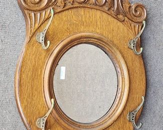 Antique Oak Wall Mirror Coat Rack Brass Hardware
