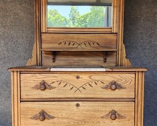 Antique Oak Dresser W/ Mirror inset Marble Top
