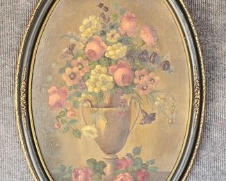 Large Antique Oil On Board Floral Still Life Painting Original Black & Gilt Oval Frame
