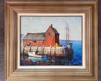 Original Ship in Harbor Painting on Canvas Silk Gilt Framed Rockport MA Signed

