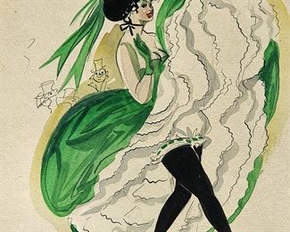 Original Art Deco A. Huertes Watercolor painting on Paper Mounted to Board
