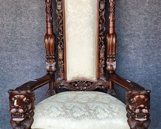 Huge 20th Century Heavily Carved Throne Chair Lion Head Crests Vines
