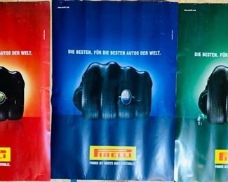 Three Vintage Pirelli Tires Advertisement Posters - Alfa Romeo, Maserati, and Jaguar
