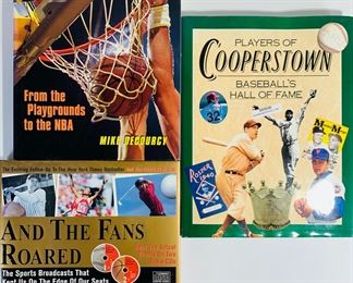 2000 And The Fans Roared by Joe Garner With Both CDs, 1994 Players Of Cooperstown-Baseballs Hall of Fame, and 1996 Inside Basketball by Mike Decourcy - All Three Books Have Dust jackets and Are In Good Condition
