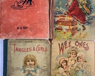 1941 Curious George by H. A. Rey Published by Houghton Mifflin Company, 1903 The Night Before Christmas by W. B. Conkey Company, 1899 Wee Ones by Donohue, Henneberry Co, and Antique Tangles & Curls for Little Boys & Little Girls by New York Publishing Co
