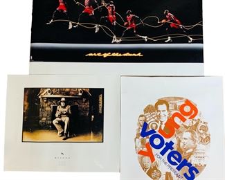 1990s Nike Art of The Dunk Michael Jordan Basketball Poster, Signed 39/100 Young Voters For The President Poster, and Mizono San Francisco Fur-Bearing Trout Poster

