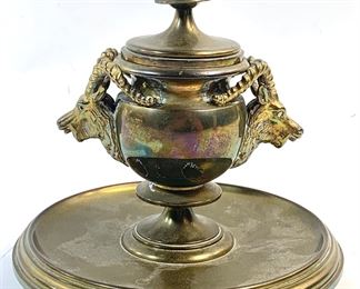 Antique Brass & Porcelain Long Horned Goat Head Inkwell
