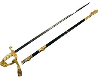 Vintage US Navy Zubco Spanish Made Stainless Steel, Brass, & Stingray Leather Made Officers Sword Mounted On Fine Wooden US Navy Sword Plaque
