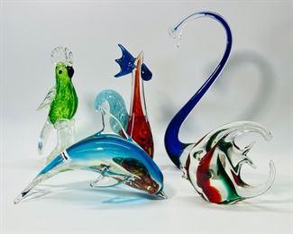 ASSORTED 1990s MURANO BLOWN ART GLASS ROOSTER; parrot ; SWAN AND DOLPHIN ANIMAL FIGURINESFIGURINE
