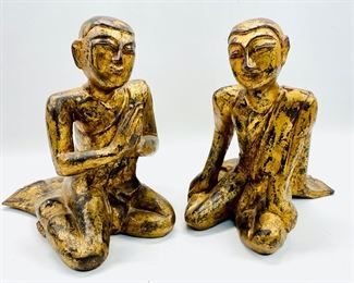 Pair of Antique Burmese Wooden Seated Monks / Disciples
