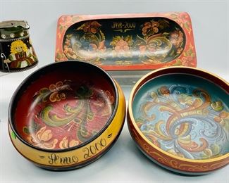 Folk art painted bowls, Signed Kohler Biel Ceramic Stein, footed base bowls Rosemaler technique, centerpiece And rectangular serving tray
