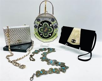 Victorian Beaded Colorful Floral Bag, Faux Chanel Black and Gold Velvet Handbag, Metallic Shoulder Bag, And Turquoise Butterfly Chain Belt
