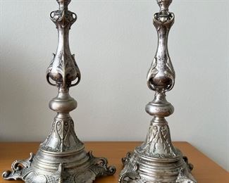 Pair of Antique Repousse Silver Plate Candlesticks by Warszawa Norblin 