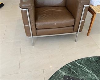 Pair of brown leather LC2 lounge chairs in the manner of Le Corbusier by Jack Cartwright with a chrome frame with Jack Cartwright original High Point, NC  label.