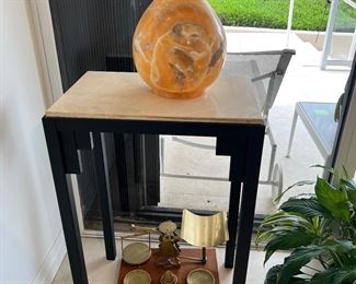 Pair of side tables 36" tall by 21" by 14" wood and stone