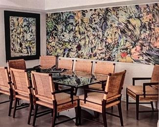 Naomie Kremer 12' x 4' Oil on Canvas - 3 piece titled "Fugue Stream" from 2000.  On the left is a mirror reflecting the painting image.  The dining room table is a custom made.   CHAIRS HAVE BEEN SOLD