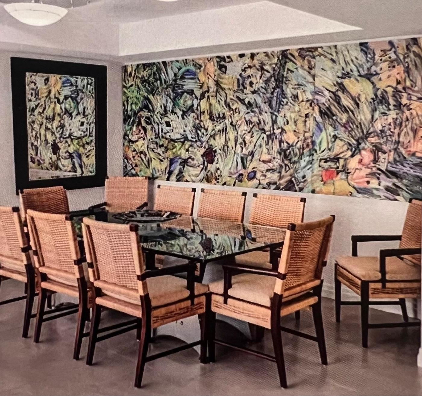 Naomie Kremer 12' x 4' Oil on Canvas - 3 piece titled "Fugue Stream" from 2000.  On the left is a mirror reflecting the painting image.  The dining room table is a custom made.   CHAIRS HAVE BEEN SOLD