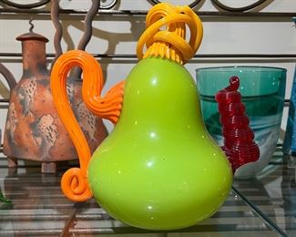 Green Yellow & Orange Glass figural non functioning teapot marked NS for Stephen Rich Nelson