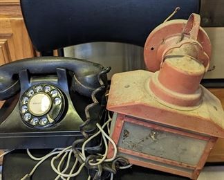 Antique telephone, antique porch light