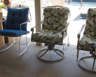 Patio chairs, including vintage rocking chair, new cushions sold separately