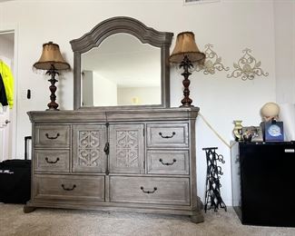 Rustic Dresser and mirror, small refrigerator,