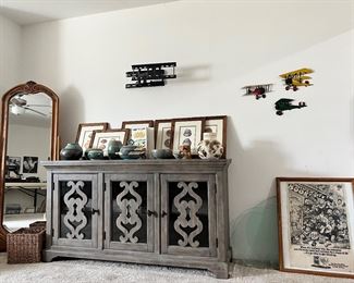 Rustic media center, floor mirror, vintage metal airplane wall decor