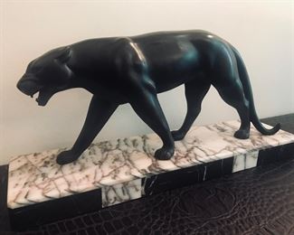 Bronze Black Panther on Marble - Artist's name incised on marble