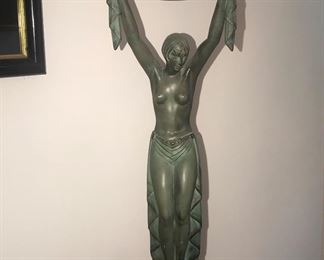 Art Deco Bronze Table Lamp - Woman holding lighted Sphere - signed Fayral and stamped Le Verrier with Paris foundry mark