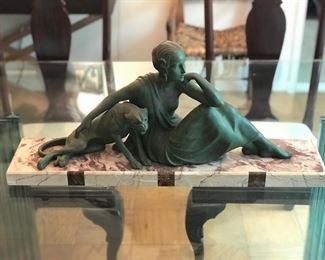 Armand Godard Art Deco Lady and Panther - patinated metal on marble base - incised "Godard" on marble