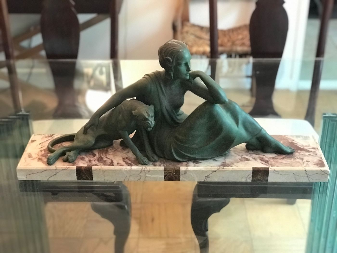 Armand Godard Art Deco Lady and Panther - patinated metal on marble base - incised "Godard" on marble