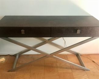 Faux crocodile covered 2-drawer console with chrome base