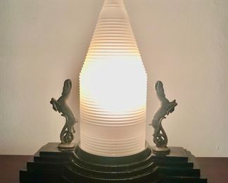 Art Deco Lamp with Pair of Antelope and frosted Skyscraper top