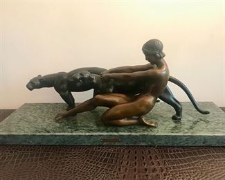 Classic Art Deco Bassin Bronze Woman with Panthers on Marble Base - 28"L x 8"H