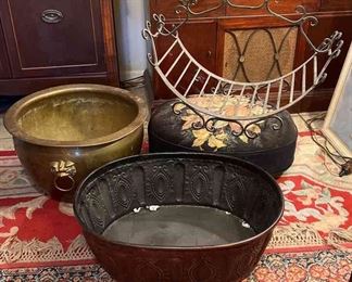 Brass Pot, Metal Tub, Oval Footstool And Metal Wood Caddy