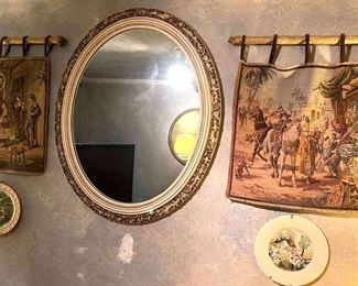 Oval Mirror, Pair of Tapestries Two Plates