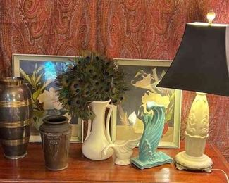 Table Lamp, Vases, Peacock Feathers Art Deco Images