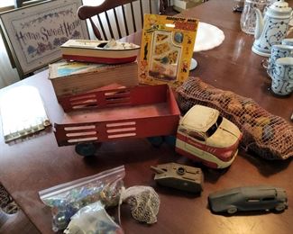 Vintage toys, boat with box, marbles