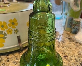 Green glass Liberty Bell bottle