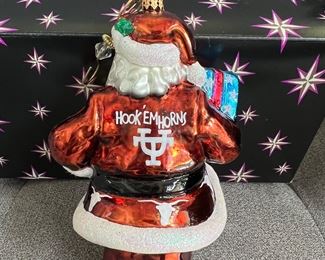 This shows the back of the University of Texas/Christopher Radko glass ornament