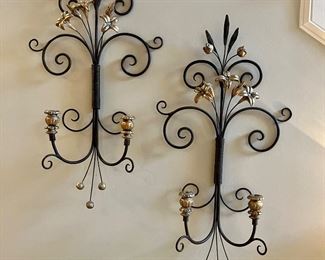 Pair of wrought iron and gilt wood sconces 
19.5” x 39”
